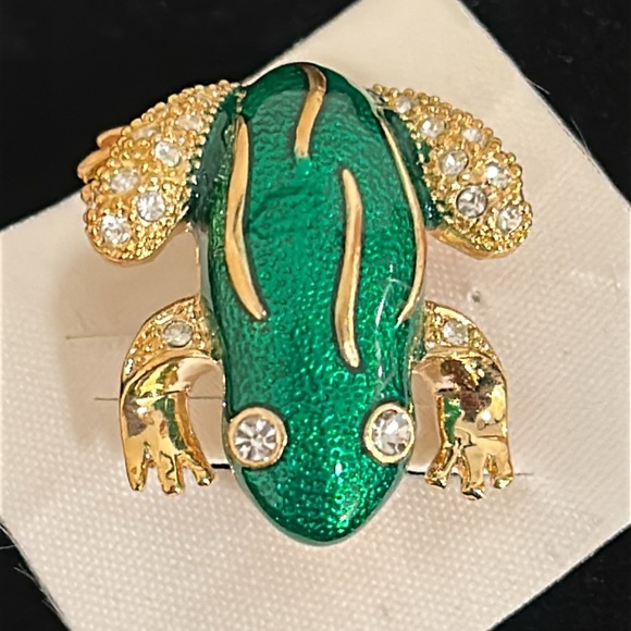 Roman Green Enamel Rhinestone Frog Brooch Pin, Signed - Picture 11 of 13